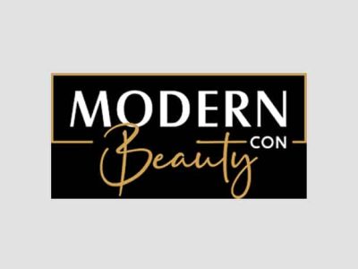 Modern Beauty Con logo with black background and gold accents.