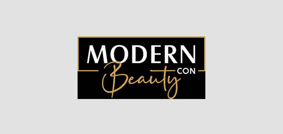 Modern Beauty Con logo with black background and gold accents.
