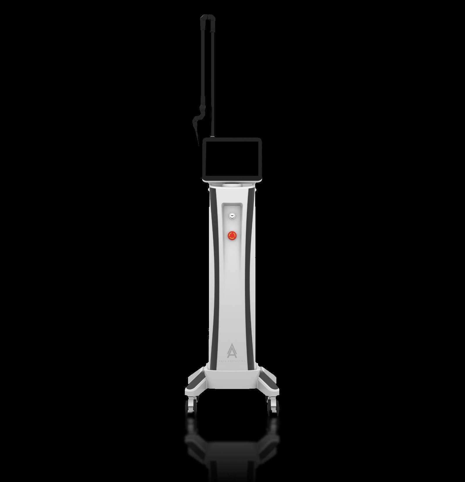 Medical laser device on wheels with a screen, set against a black background.