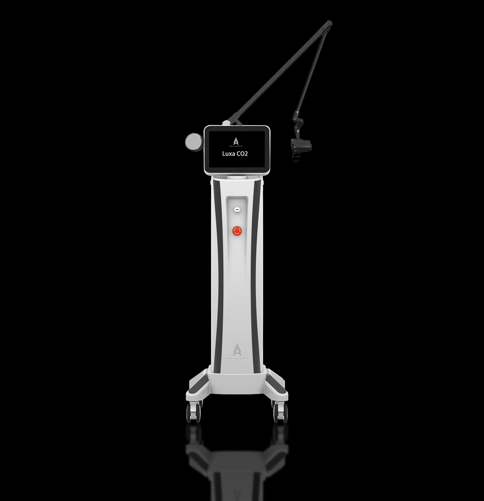 Luxa CO2 laser machine on a reflective black surface.
