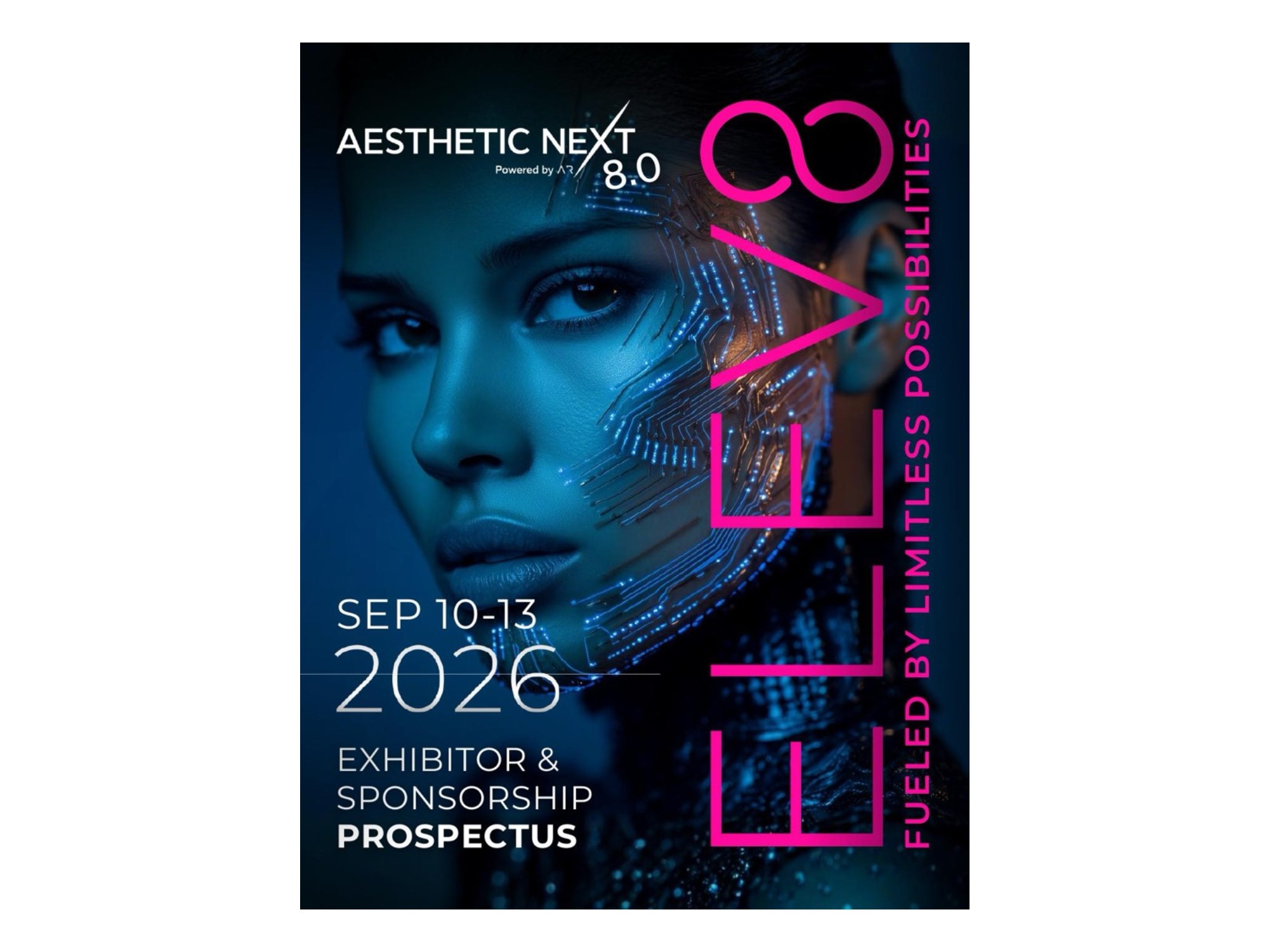 Futuristic face with circuit design, promoting Aesthetic Next 8.0 event, Sep 10-13 2026, exhibitor prospectus.